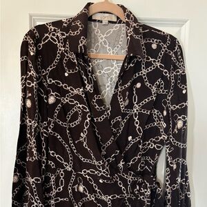 Brown and White Chain Print Wrap Dress